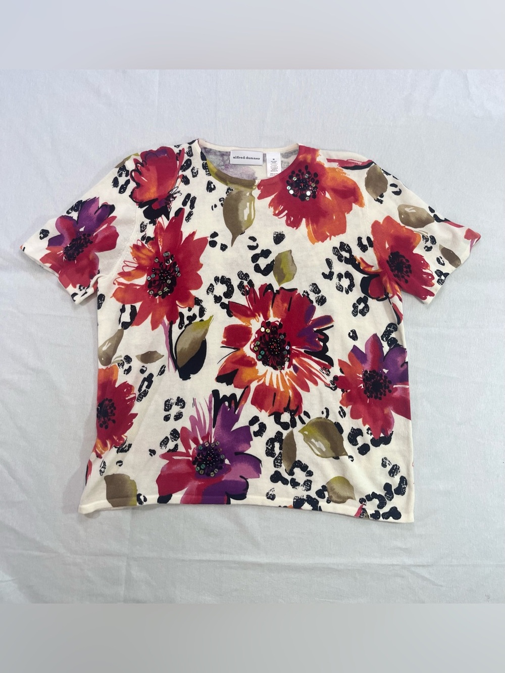 Alfred Dunner Cream Knit Blouse with Red & Purple Floral Print Sequins Beads